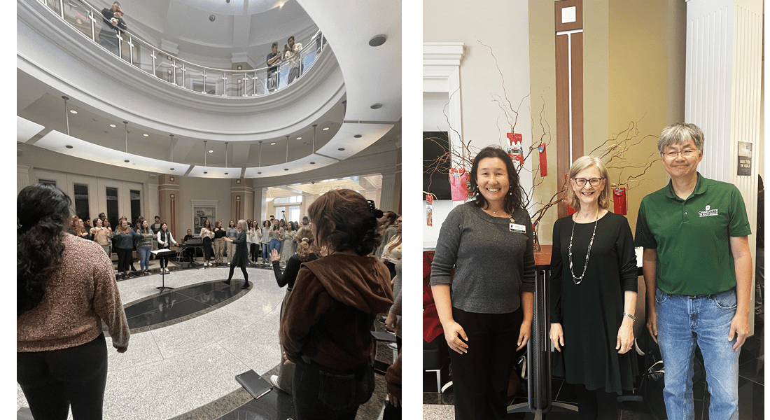 two pictures: first is large group of students singing, second is three faculty