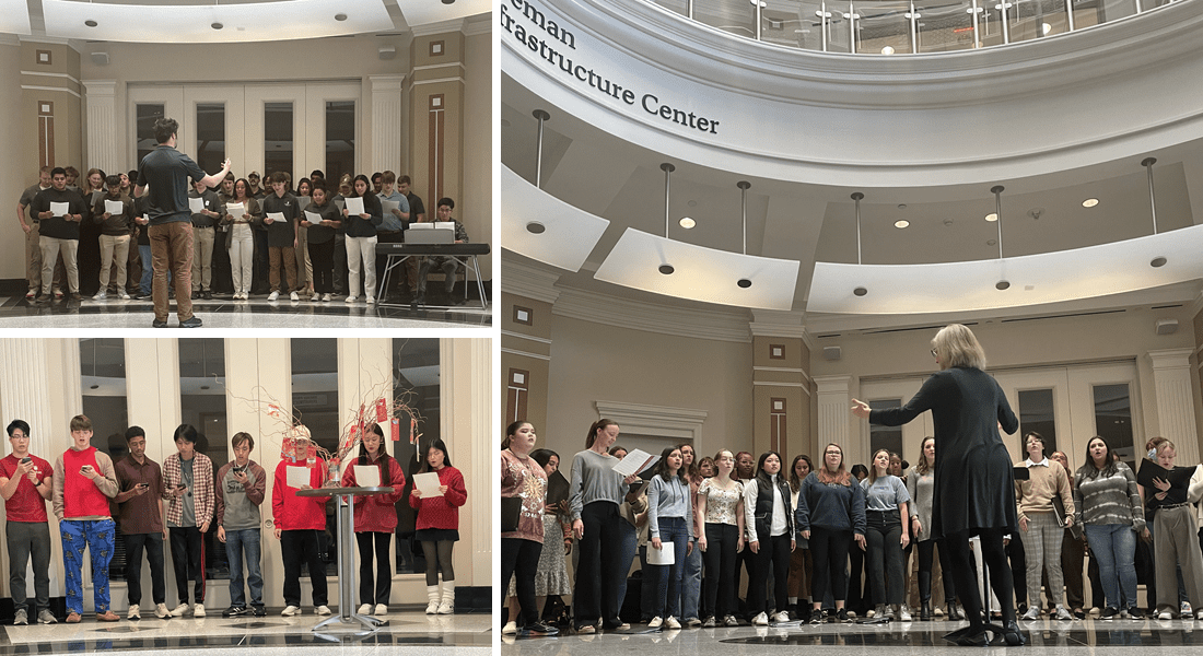 collage of photos showing students singing