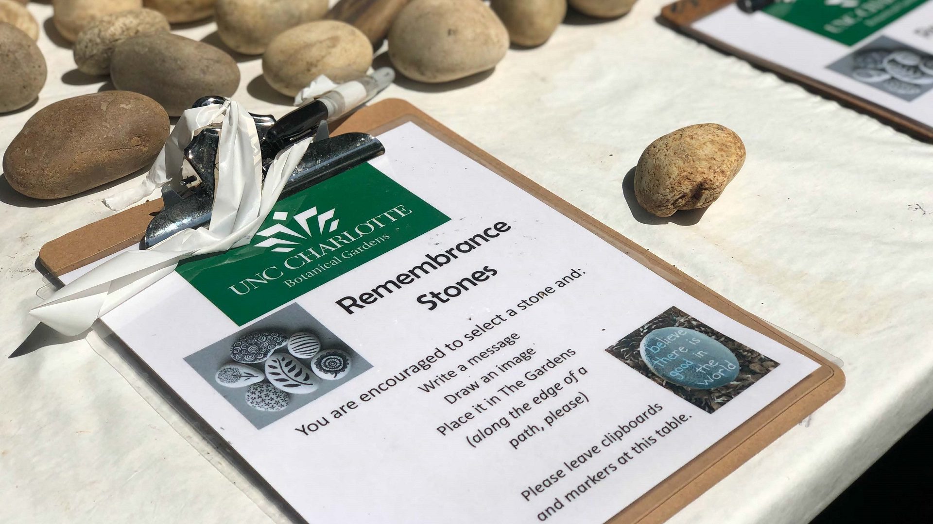 stones and flyer on table top