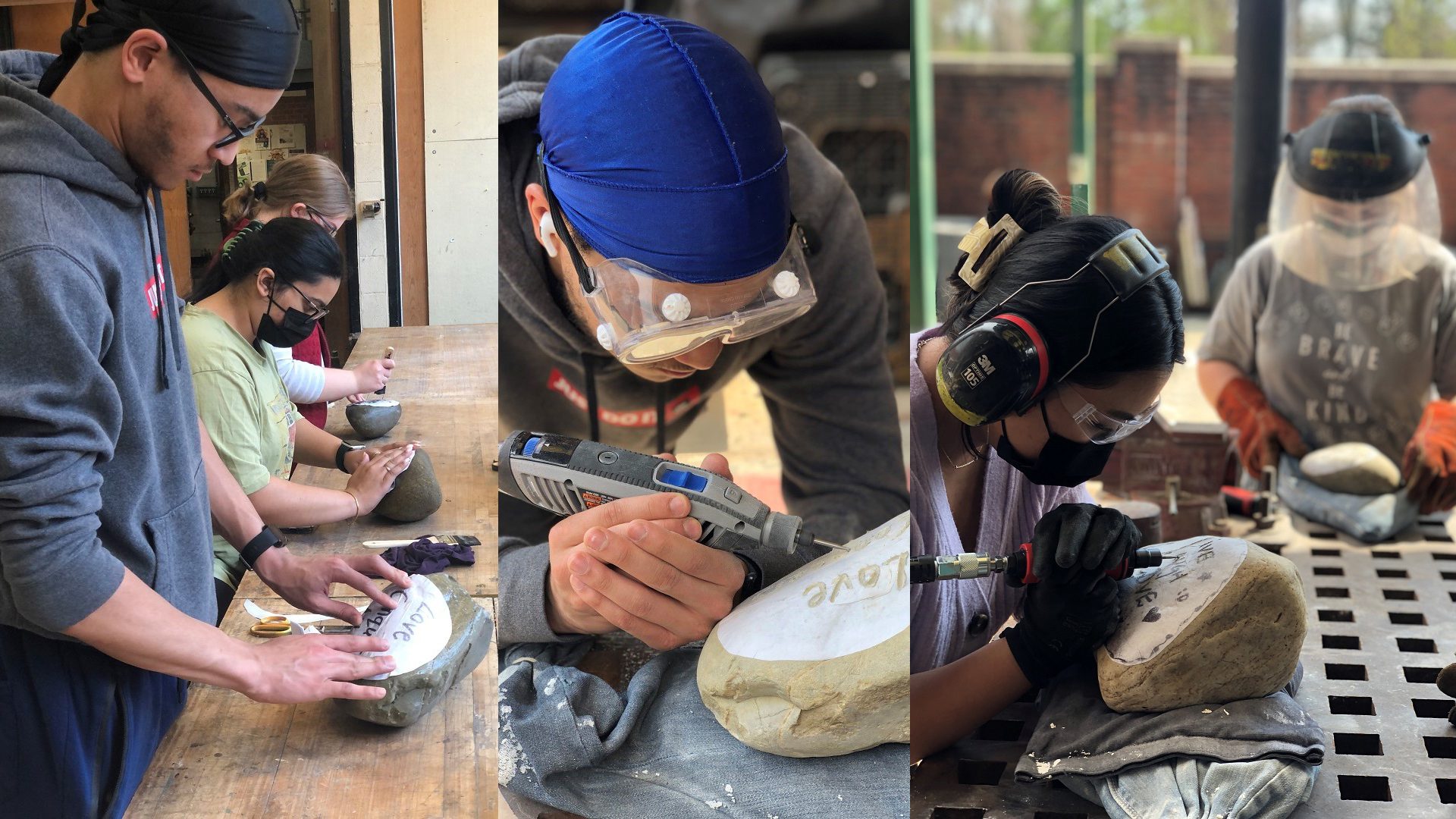 students engraving stones