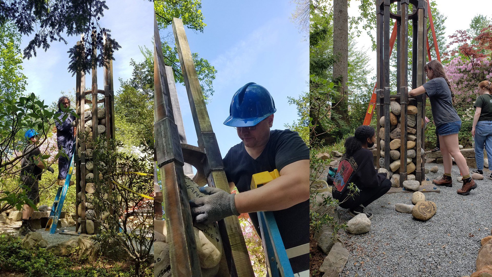 faculty and students loading stones into the steel frame