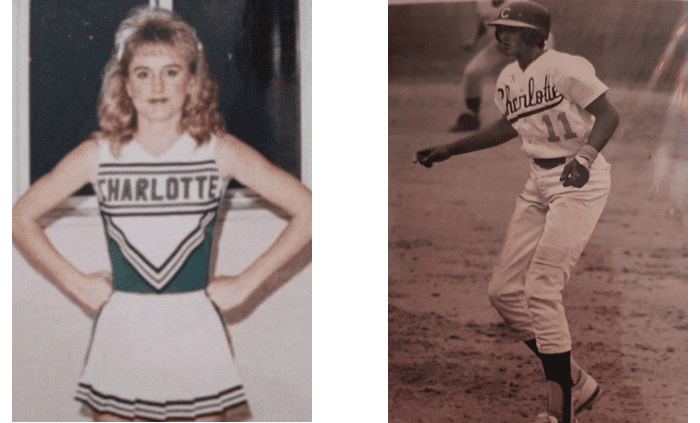 Photo from 1980s of Kiana's parents in cheerleader and baseball uniforms