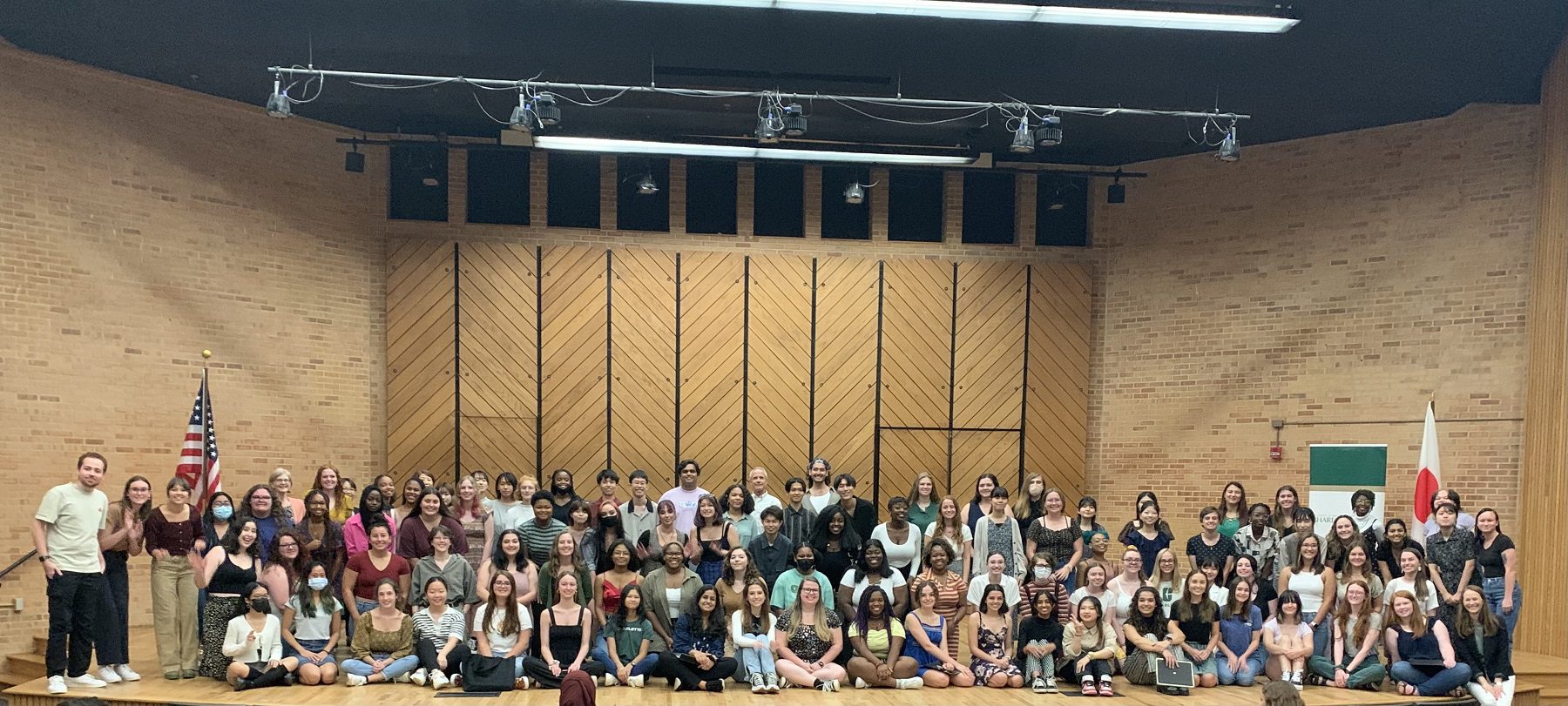 full group of students on stage in Rowe recital hall