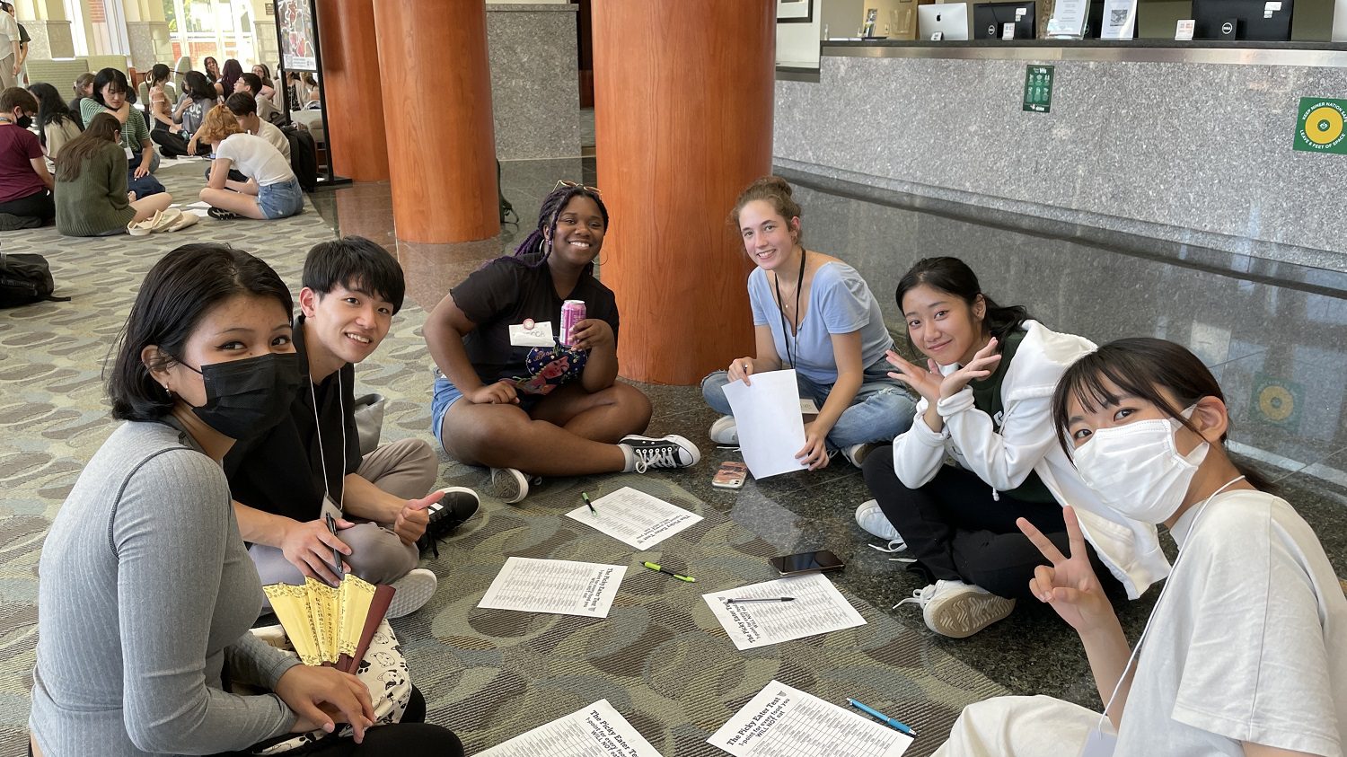 students from Tohoku and UNC Charlotte in circles in Robinson Hall lobby